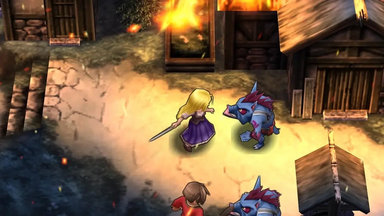 A blonde girl wields a sword at a pig-like creature in a burning village